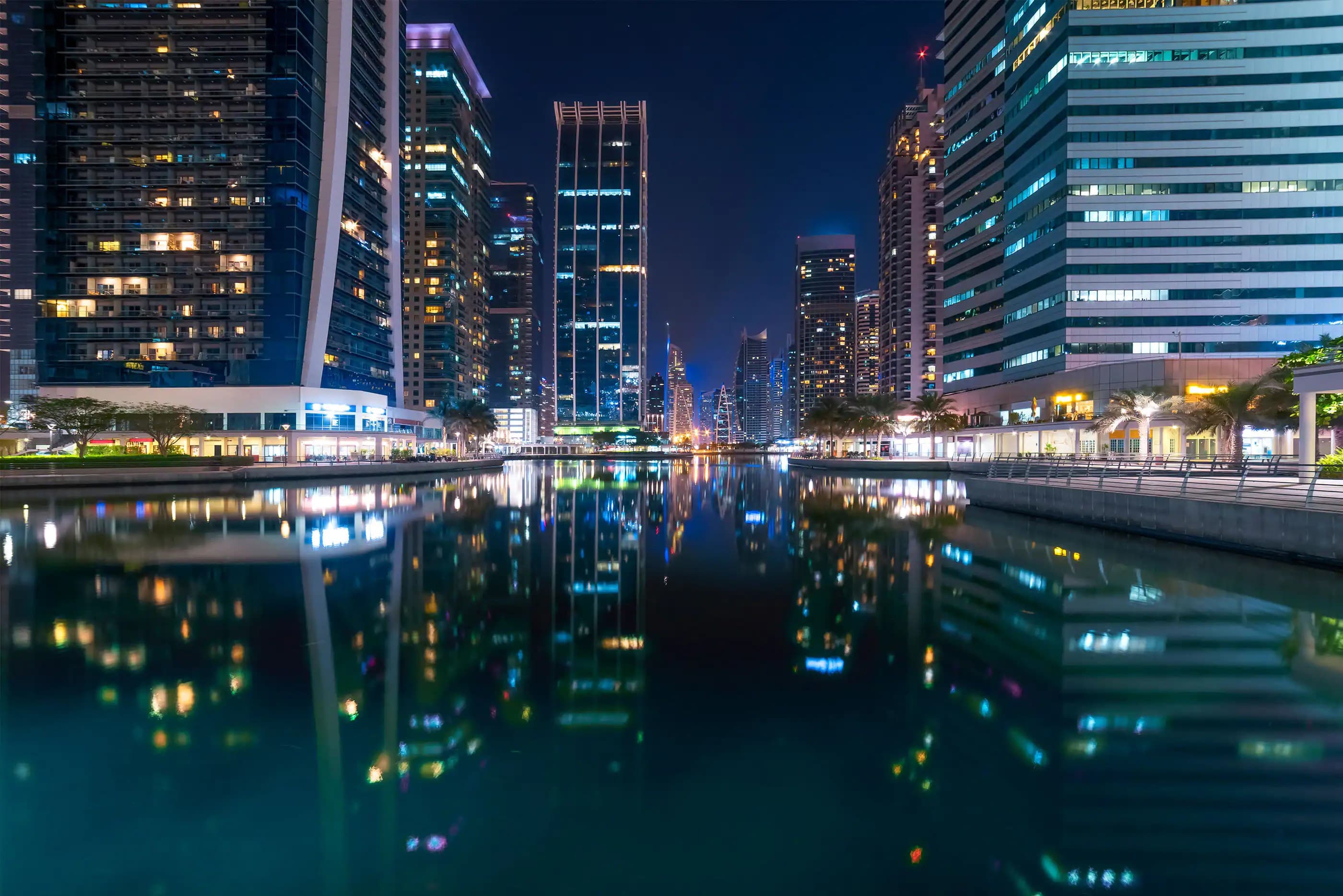 Jumeirah Lakes Towers JLT Dubai skyline with lakes