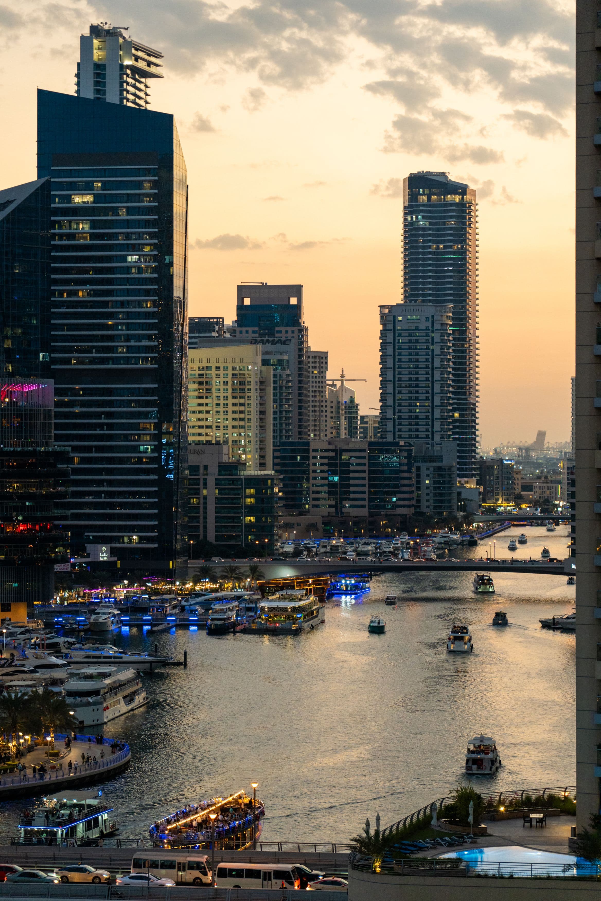 Dubai Marina skyline with high-rise residential towers at sunset